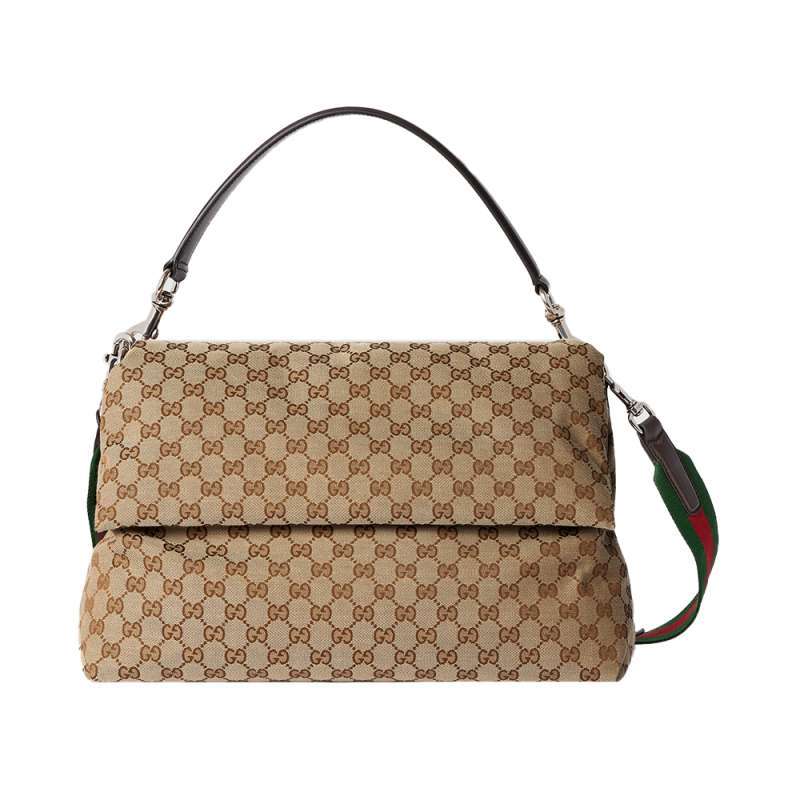 Gucci GG Canvas Large Embossed Logo Handbag Beige Dark Brown