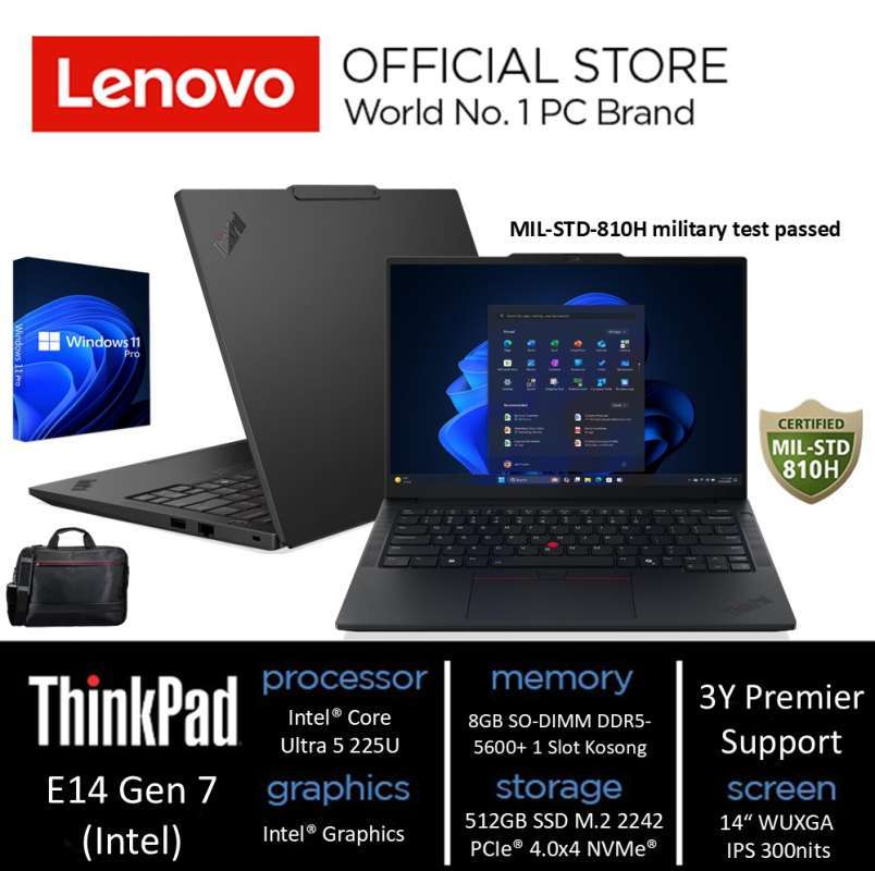LENOVO ThinkPad E14 Gen 7 dengan Intel Core Ultra 5, Layar 14 Anti-Glare, dan Windows 11 Pro, Sempurna untuk Profesional dan Bisnis. 3 Tahun Dukungan Premier