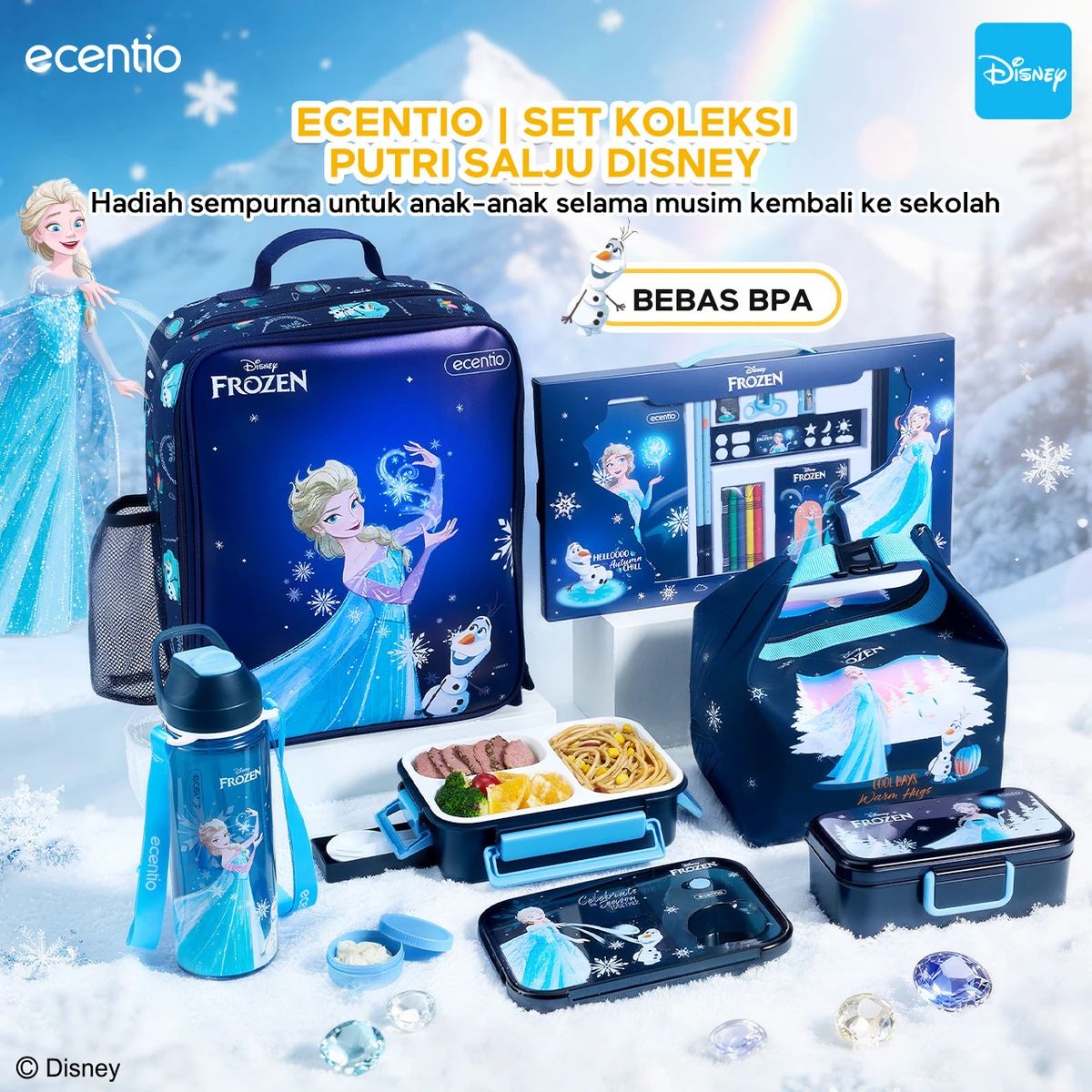 [Back To School] ecentio Disney Elsa botol minum anak & kotak makan anak 800ml anti tumpah lunch box gratis sendok tas bekal