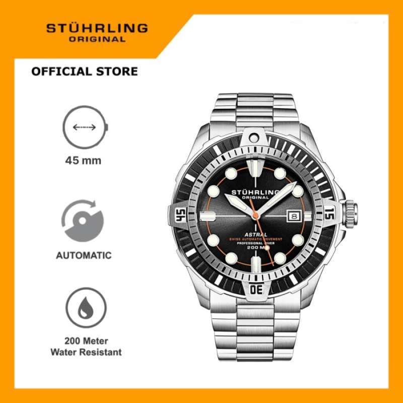 Jam Tangan Pria Swiss Automatic Stuhrling Astral 1005-02 Aquadiver 45mm Stainless Steel