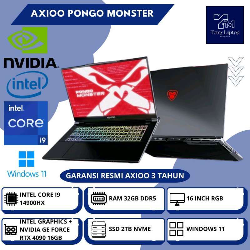 LAPTOP BARU AXIOO PONGO MONSTER INTEL CORE I9-14900HX RAM 32GB DDR5 SSD 2TB  NVME 16INCH RGB BLK