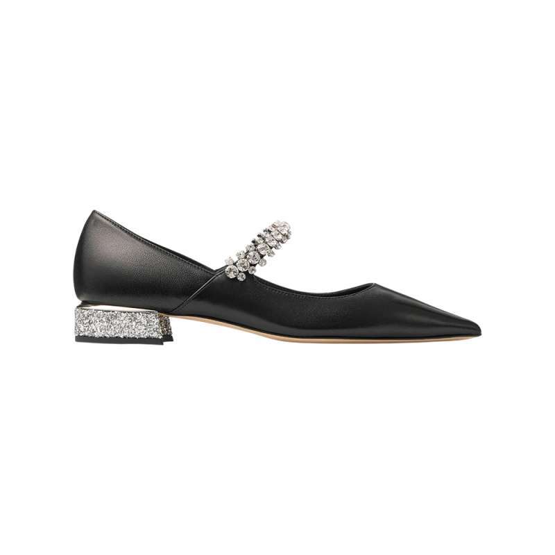 Jimmy Choo Bing 25 Crystal Strap Nappa Leather Flat Pumps Black Silver