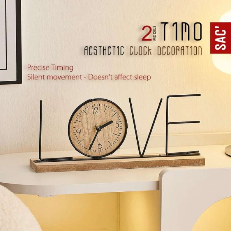 Promo Timo Aesthetic Wood Clock Jam Meja Duduk Kayu Frame Besi Unik