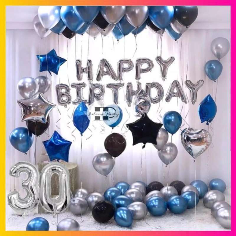 Promo Paket Dekorasi Ulang Tahun / Paket Happy Birthday Biru Hitam Sier