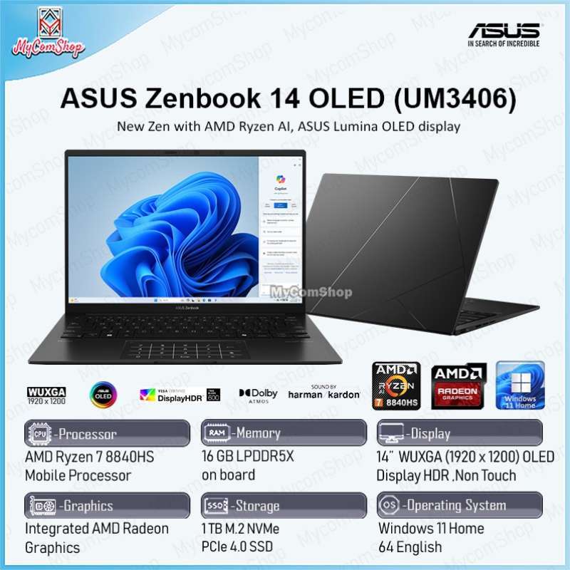 ASUS ZENBOOK 14 OLED UM3406 RYZEN 8840HS 16GB RAM 1TB SSD AMD RADEON  GRAPHICS 14