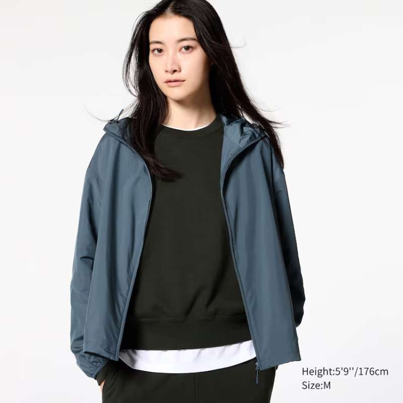 UNIQLO Jaket Parka Saku Hoodie Pocketable Wanita Proteksi Sinar UV Protection Water Repellent Blue