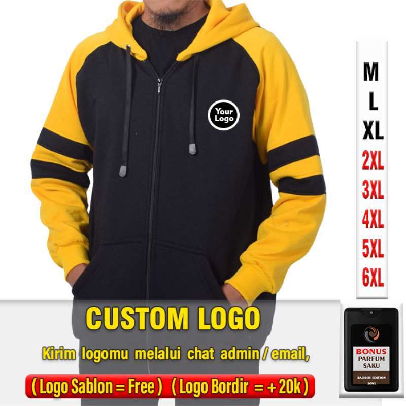 Hoodie Zipper Pria RAGLAN HITAM KUNING GARIS HITAM Size M sampai 6XL Jaket Jumper Polos Jumbo