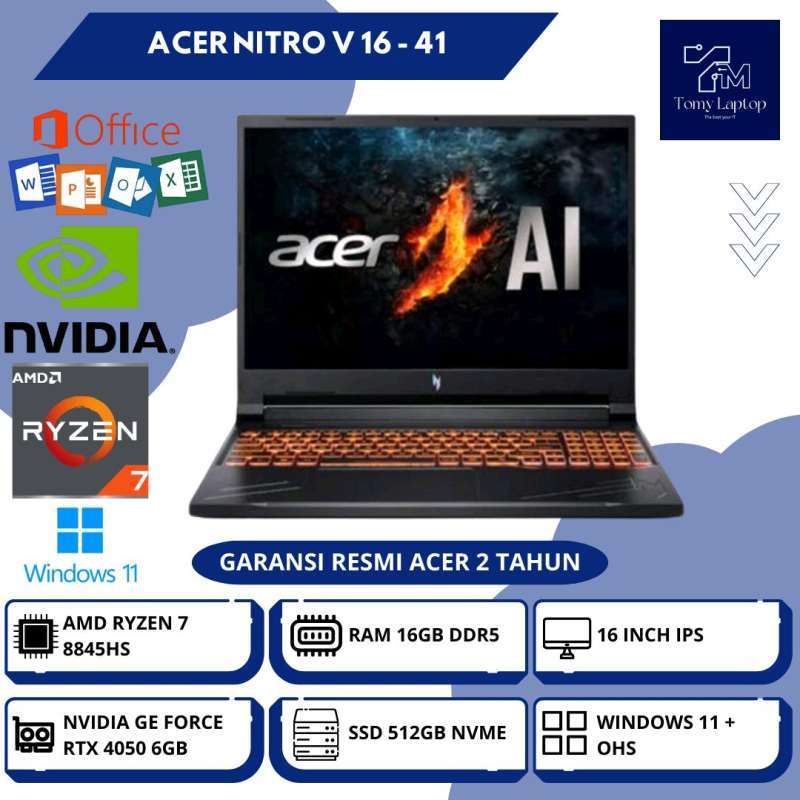 LAPTOP BARU ACER NITRO V 16 AMD RYZEN 7-8845HS RAM 16GB DDR5 SSD 512GB NVME  16INCH IPS BLK 41
