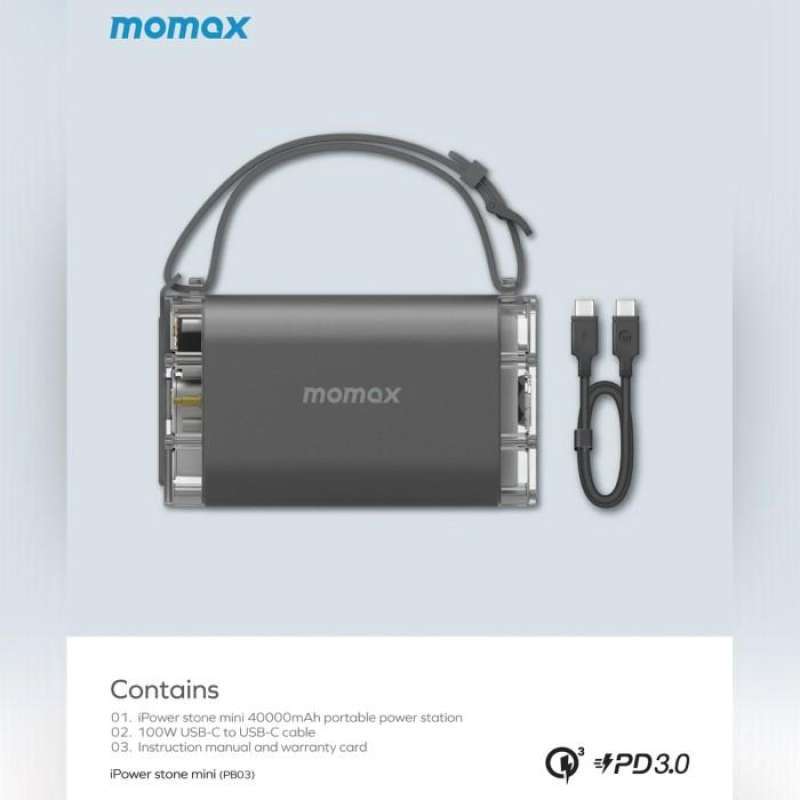 Momax Power Supply Station Portable 40000mAh iPower Stone Mini Outdoor Power Station - Grey PB03E