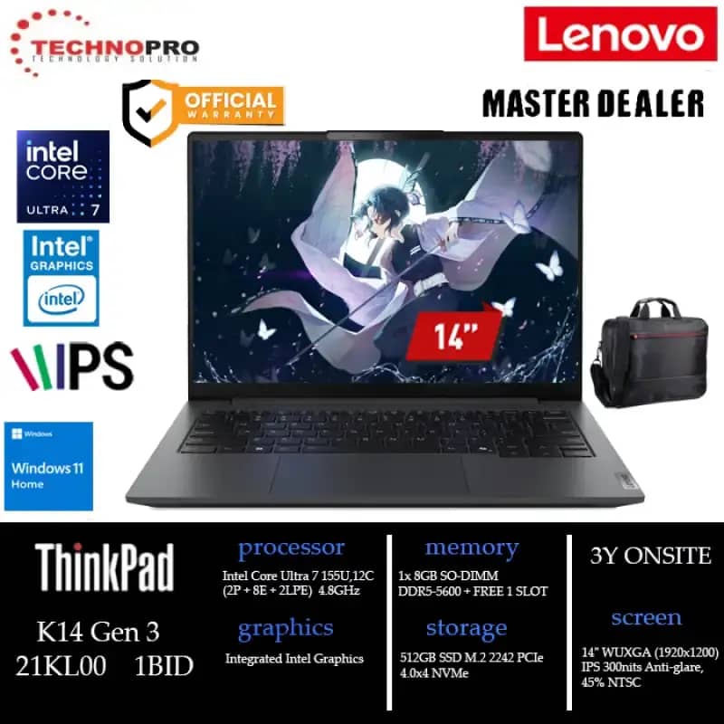 TKDN Lenovo K14 Gen 1BID || Intel Core Ultra 155U Intel Graphics 8GB  SO-DIMM DDR5-5600 512GB SSD Windows 11 HOME 14