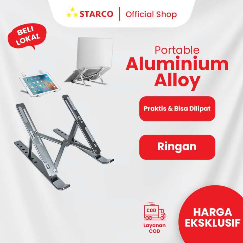 Starco Stand Laptop/Tablet Lipat Aluminium untuk Pengguna yang Membutuhkan Ketinggian Adjustable dan Anti-Slip, Ukuran Hingga 17 Inci, Ideal untuk Kenyamanan Seharian