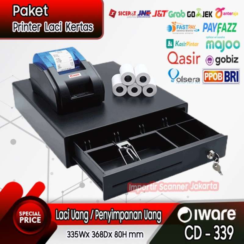 Promo PAKET KASIR IWARE ( CASH DRAWER + PRINTER BLUETOOTH + KERTAS 5