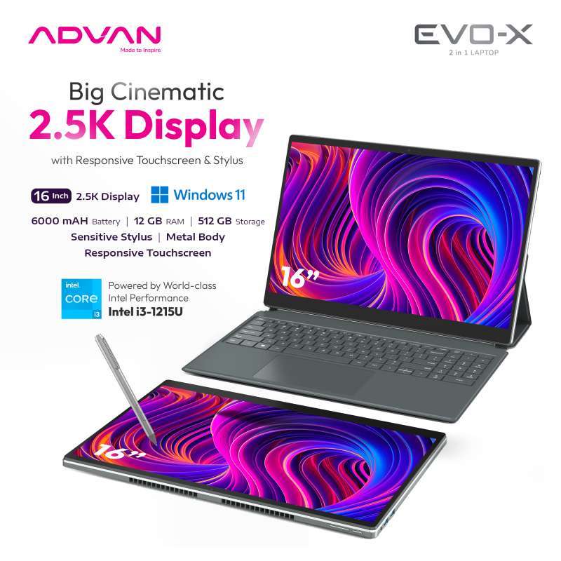 ADVAN Laptop 2 in 1 EVO-X dengan Layar Sentuh 13 2.5K Display, 12GB RAM, dan 512GB Storage, Ideal untuk Profesional dan Hiburan saat Bepergian