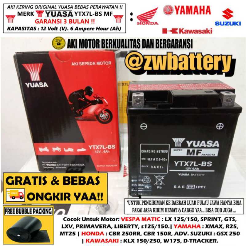 Promo Aki Vespa Lx 150 Yuasa Ytx7l-bs Maintenance Free Diskon 33% Di