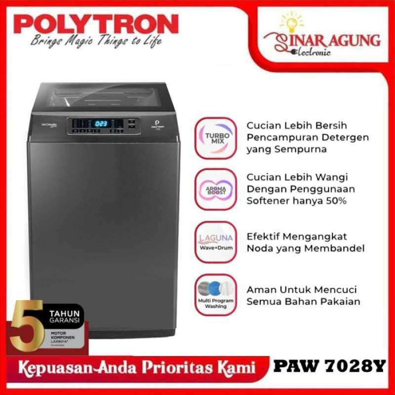 Promo Polytron Mesin Cuci 1 Tabung Top Loading 7 Kg Paw-7028y - 100% ...