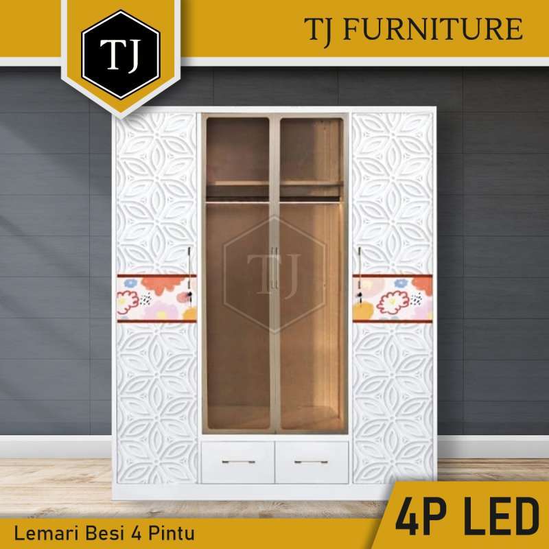 Jual lemari pakaian besi lemari baju minimalis 4 pintu lampu led touch