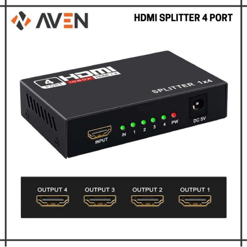 1x4 HDMI Splitter - 4 Port 1080P HD Amplifier Hub With Power Supply, Duplicate 1 Source To 4 Displays