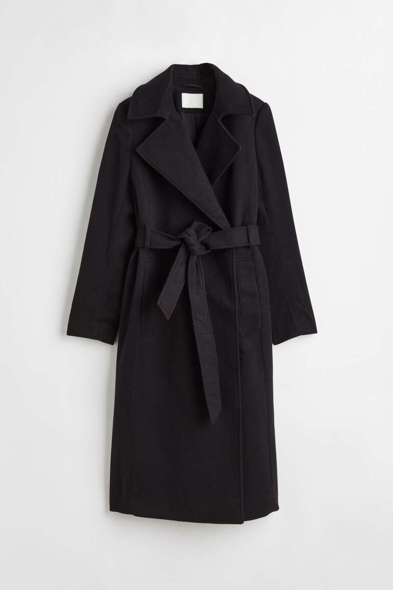 H&M Mantel Winter dengan Tie belt Long Coat Wanita color black