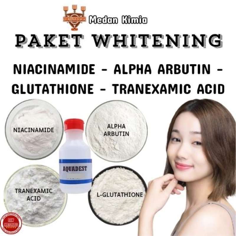 Paket Whitening Premium Tranexamic Acid Alpha Arbutin Niacinamide  Glutathione Aquadest untuk Mencerahkan Kulit 99% Murni