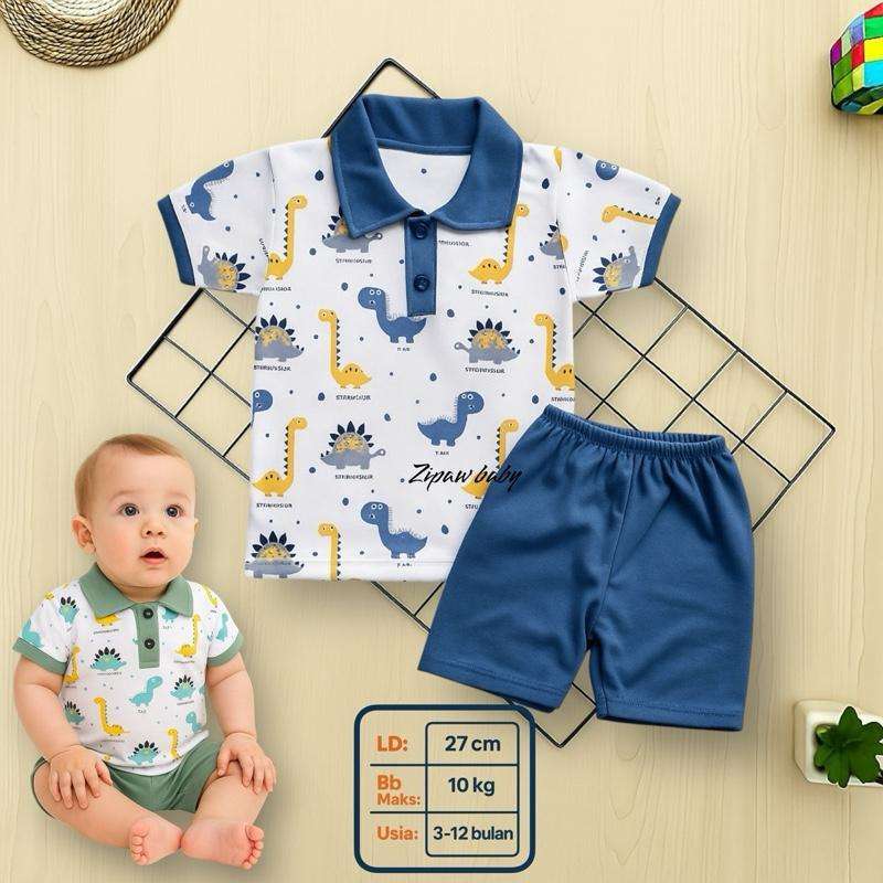 Baju Setelan Lengan Pendek Oblong Kerah 3-12 Bulan -Baju Bayi Setelan Laki  Dan Perempuan DENIM DINO KERAH