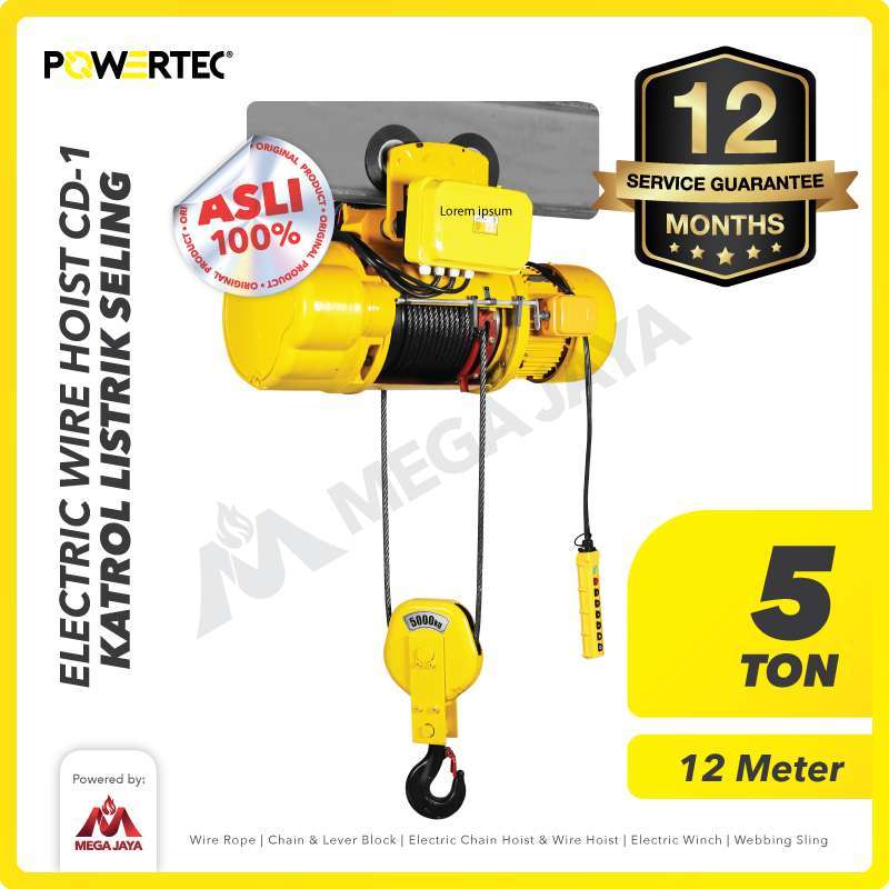 Jual Powertec Electric Wire Rope Hoist 5 Ton X 12 Meter 3 Phase Cd-1 Di ...