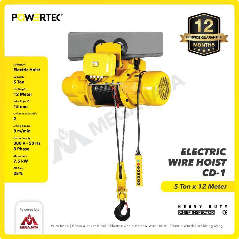 Jual Powertec Electric Wire Rope Hoist 5 Ton X 12 Meter 3 Phase Cd-1 Di ...
