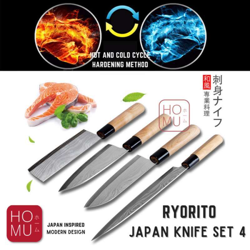Promo Homu Ryorito Japanese Knife Set 4 Carbon Stainless Damascus