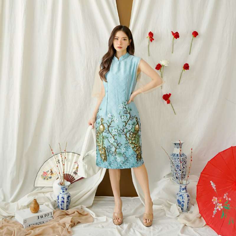 EF727 DRESS BATIK CHEONGSAM BATIK IMLEK SATIN PRINTING SEMI SUTERA MODERN TRENDY