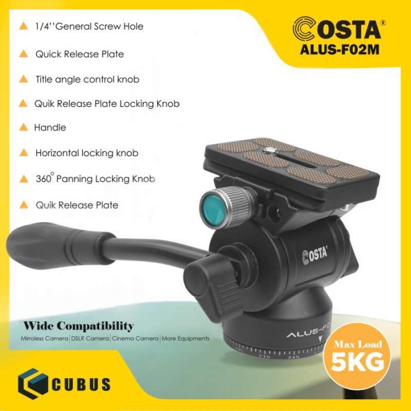 Promo COSTA AlusF02M Fluid Head Tripod Lightweight Arca Swiss Quick