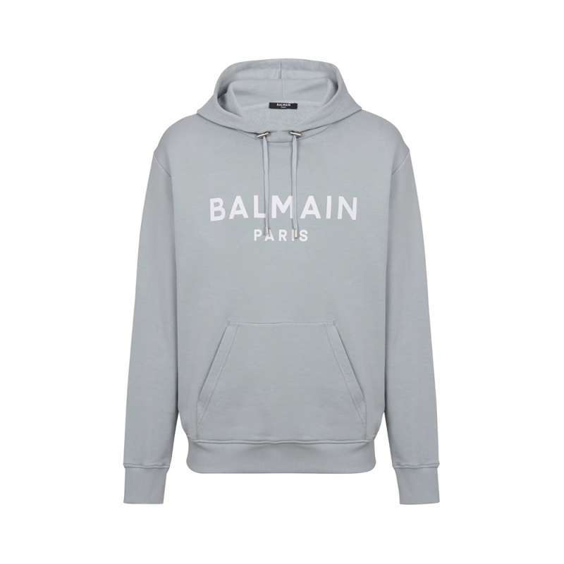 Balmain Logo Print Hoodie Gray White Men