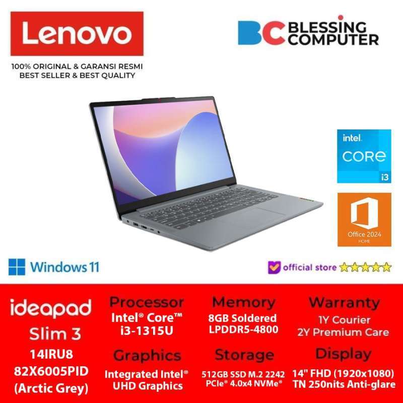 LENOVO IdeaPad Slim 14IRU8-82X6005PID Core i3 1315U 8GB 512GB W11 OHS  Microsoft 365 Basic Arctic Grey