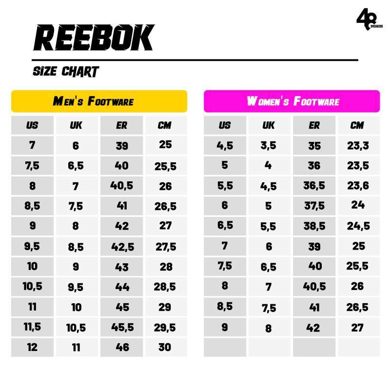 Chart size reebok sale