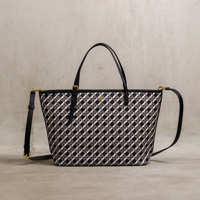 Tas TORY BURCH GEO MONOGRAM TOP HANDLE TOTE BAG WITH LONG STRAP IN BLACK 100 ORIGINAL