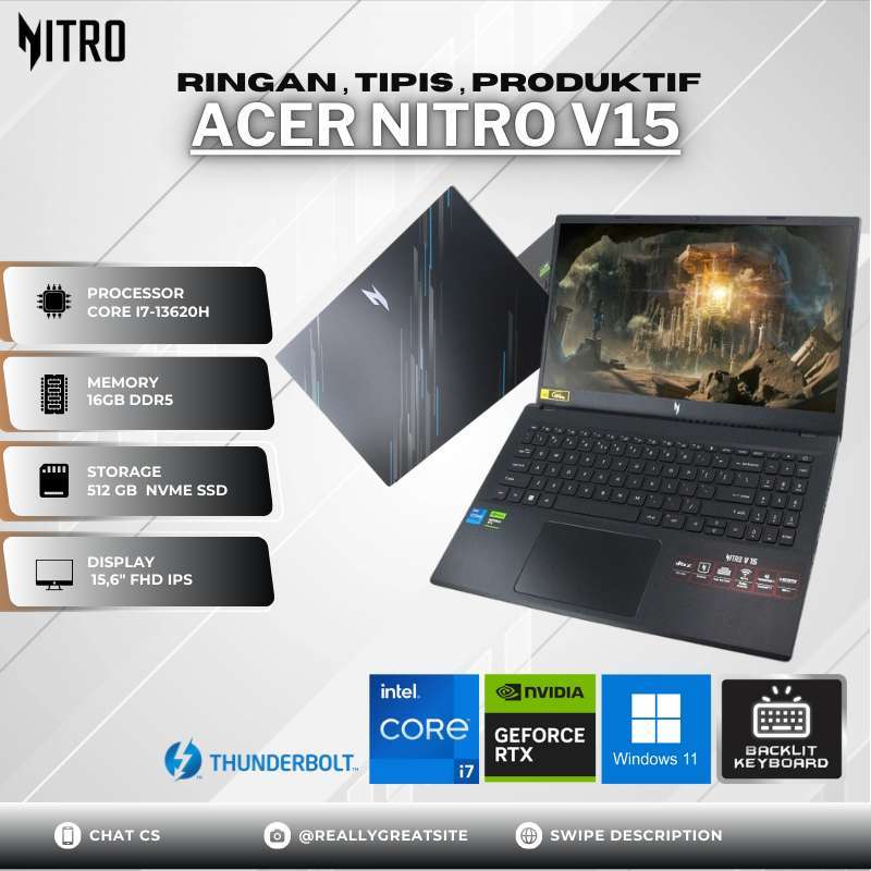 Laptop Acer Nitro V15 ANV15-51-72GY Core i7-13620H Ram 16Gb Ddr5 Ssd 512Gb  Nvme 15,6