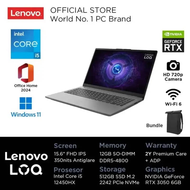 Laptop Lenovo LOQ 15IAX9E essential B7ID Intel Core i5-12450HX ram 12GB ssd  512GB RTX 3050 IPS 144Hz Windows 11 OHS