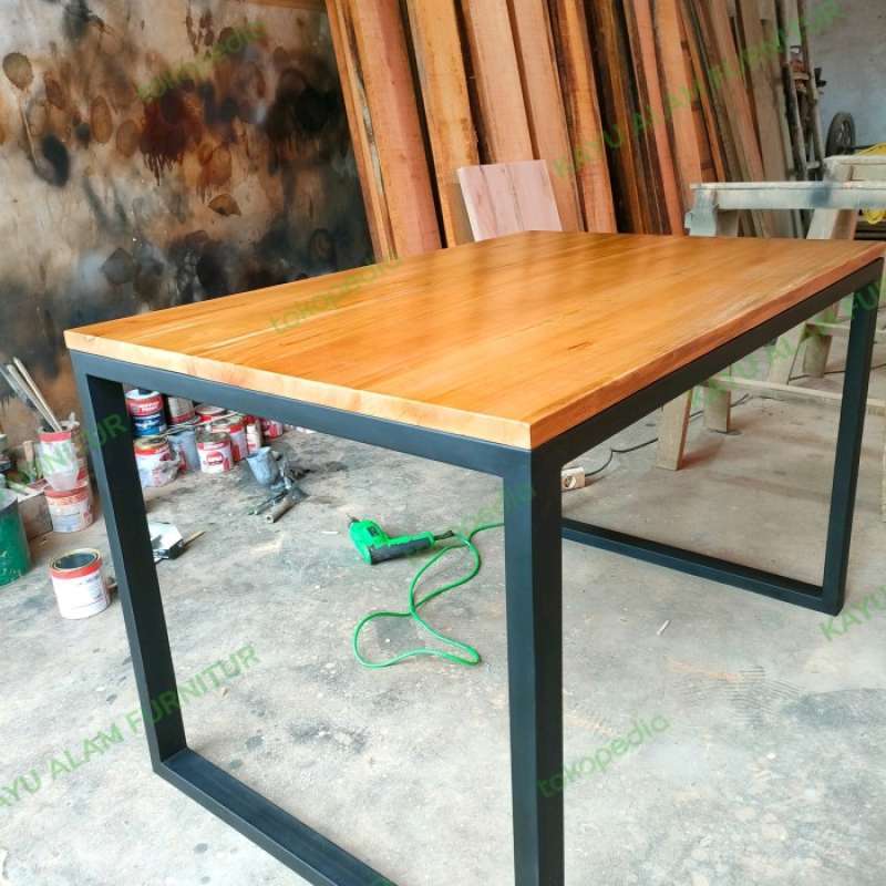 Jual Top Table Meja Kerja Kayu Asli Kaki Besi Hollo Ukuran 150X70X75 di