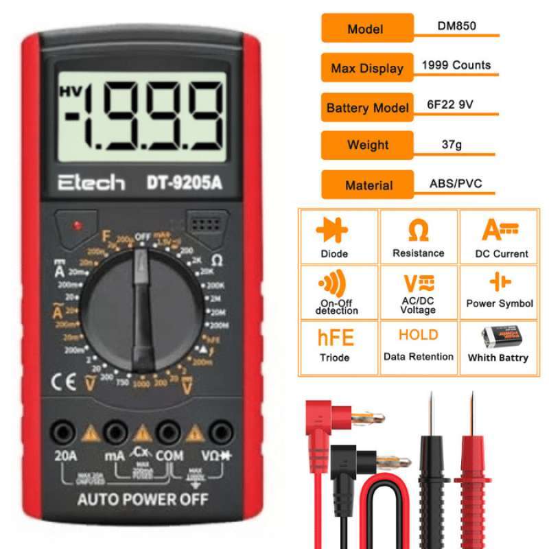 Promo MULTIMETER DIGITAL PENGUKUR ARUS LISTRIK MEREK ETECH DT9205A