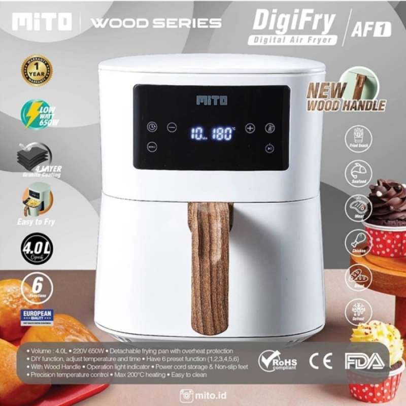 Promo MITO Digital AirFryer 4L AF1 Air Fryer Wood Series Putih Diskon