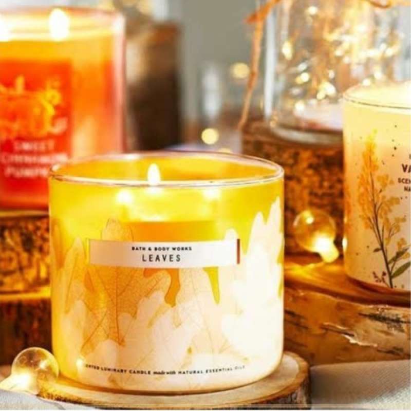 Promo Bath & Body Works Bbw Leaves 3wick Scented Candle 411 G New