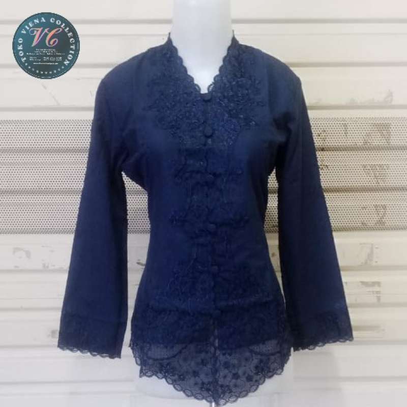 Jual Kebaya Encim Modern Lengan Panjang Polos Warna Biru Dongker Di