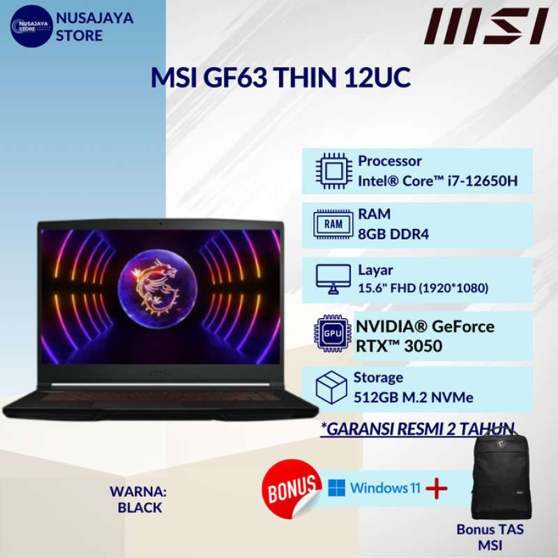 MSI GF63 Thin 12UC i7-12650H 16GB 512GB RTX3050 FHD IPS-Level 144Hz  W11 16 gb
