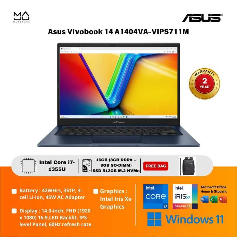 Laptop ASUS Vivobook 14 A1404VA VIPS713M i7 1355U RAM 16GB/1TB Garansi  tahun