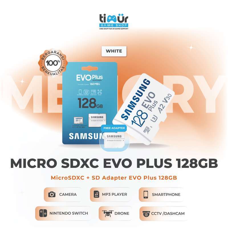 Samsung Memory Card EVO Plus 128GB microSDXC MicroSD With SD Adapter  160mb/s Timur Game Shop