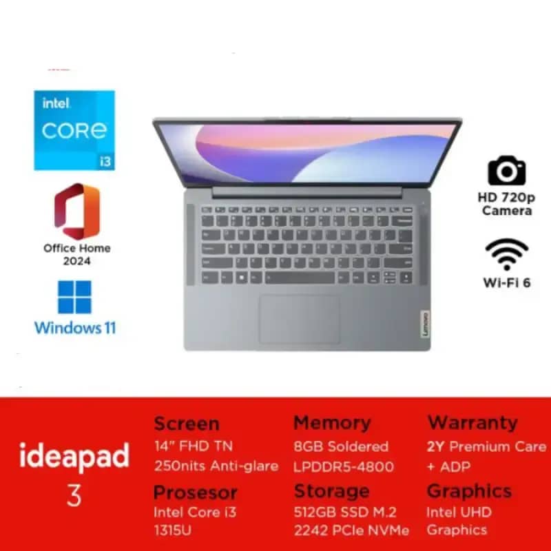 LENOVO IdeaPad Slim 3 14IRU8 dengan Intel Core i3, RAM 8GB, SSD 512GB; 14 FHD Anti-Glare untuk Profesional dan Pelajar, Sempurna untuk Produktivitas Harian