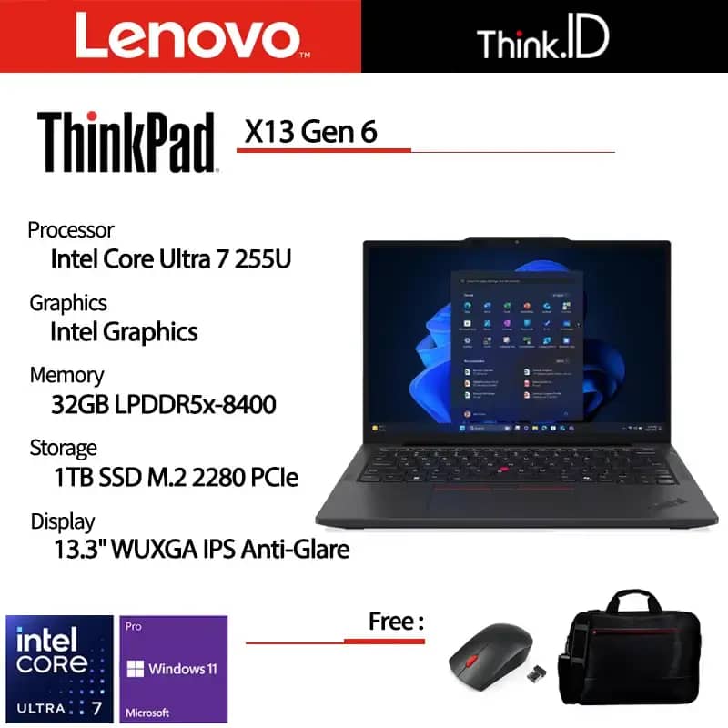 Lenovo ThinkPad X13 Gen 6 untuk Profesional, Intel Core Ultra 7, 13.3 IPS Display, 32GB RAM, dan 1TB SSD, Cocok untuk Kinerja Tinggi dan Produktivitas