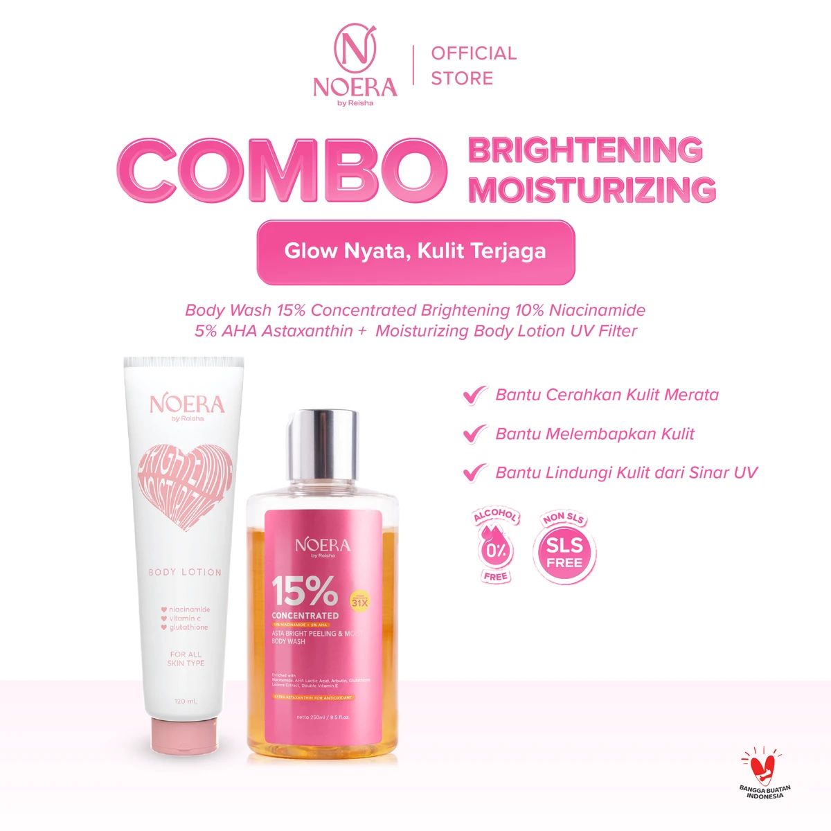 Promo Noera Bundling Body Wash Brightening + Body Lotion Uv Filter | Body Wash 15% Concentrated Brightening 10% Niacinamide 5% Aha Astaxanthin Diskon 13% Di Seller Noera By Reisha ID Flagship Store - Soreang, Kab. Bandung