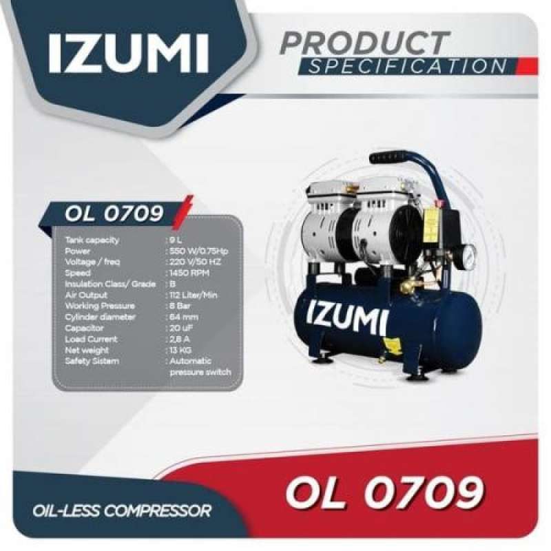 Jual IZUMI OL 0709 Kompresor Oilless 3/4 HP 9 L/ Air Compresor Listrik ...
