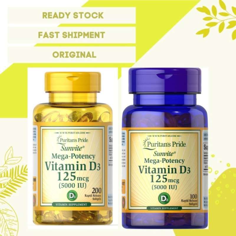 Promo Puritan's Pride Vitamin D3 125 mcg 5000 IU 100 Softgels / 200