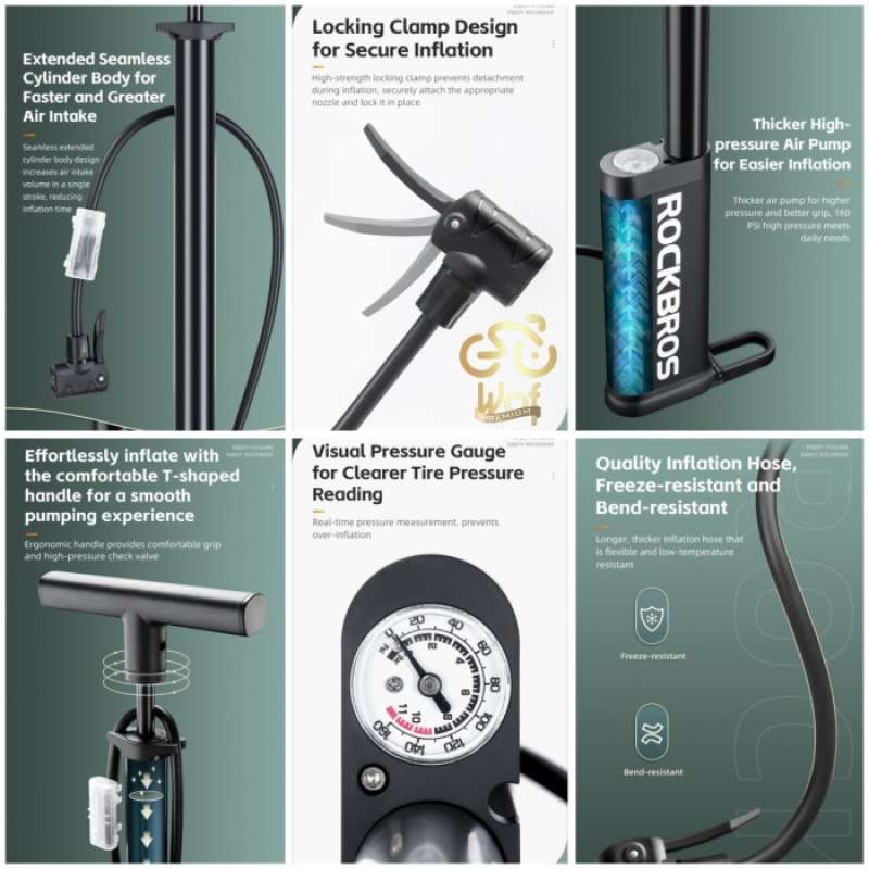 Pompa per Bicicletta ROCKBROS con Manometro, Adattatore