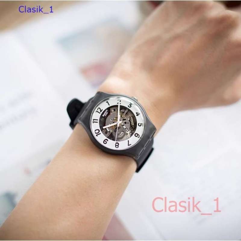 Jual Original 100%!! Jam Tangan Pria Swatch Skeleton Suob134 Black